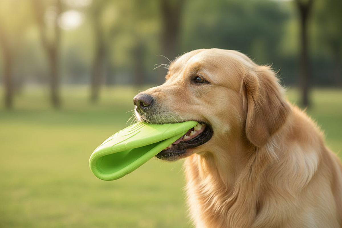 Hond die de vliegende hondenschijf dubbelbuigt