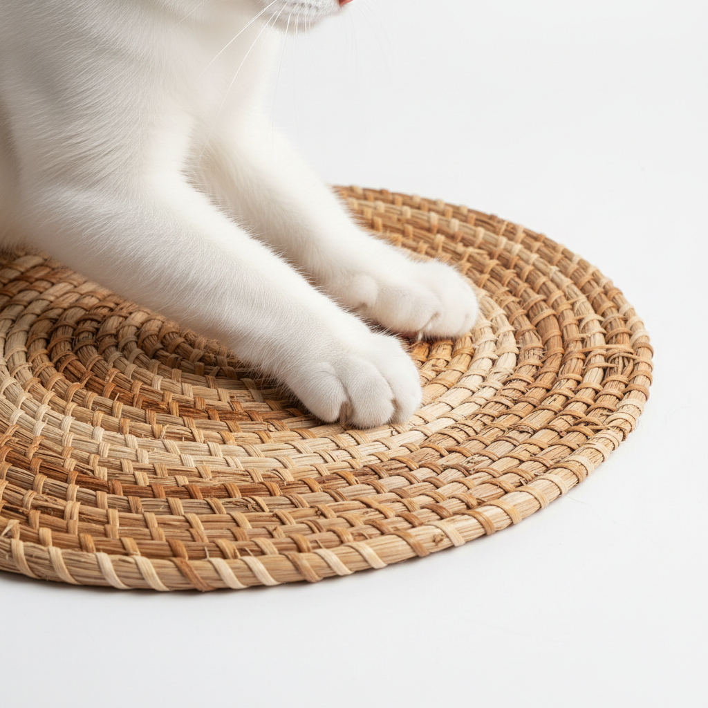 Close-up kattenpootjes op rattan krabmat