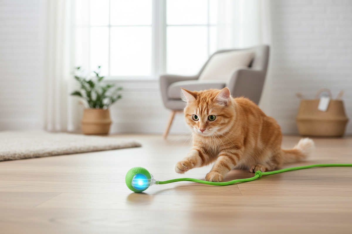 Lifestyle foto groene robotbal met kat