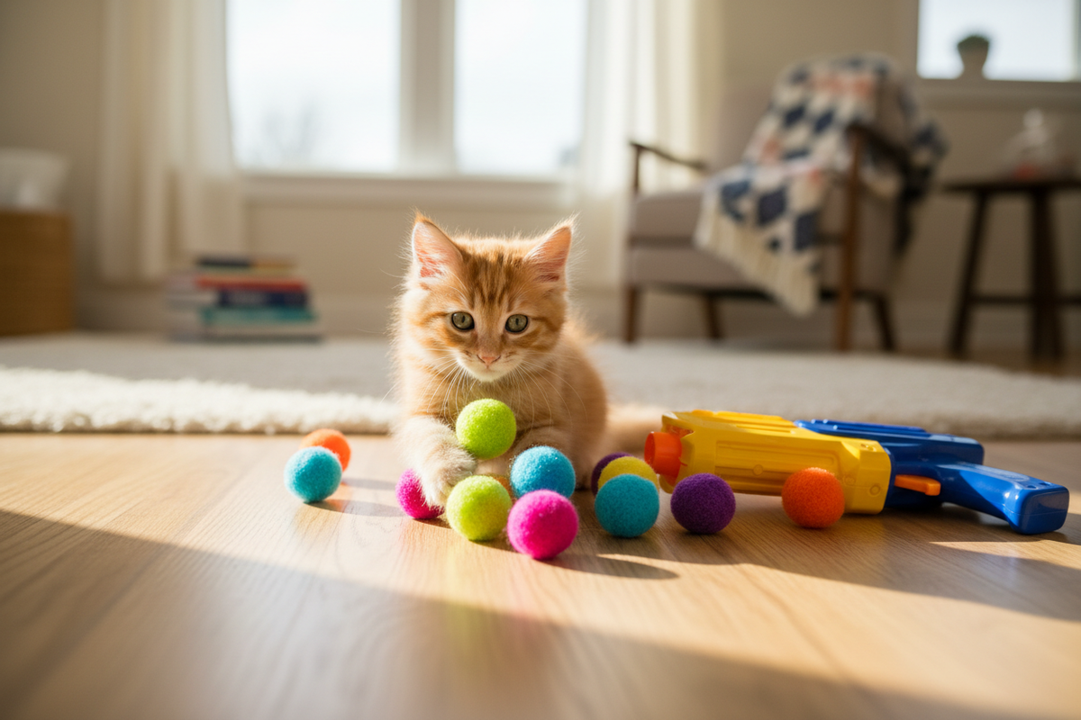 Lifestyle foto kat met pompom ballen