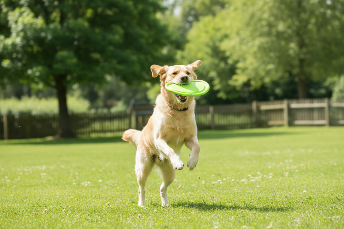 Lifestylefoto van een hond met de vliegende hondenschijf